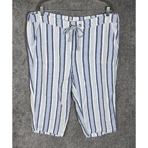 Per Se Linen Blend Striped Pull On Drawstring Capri Pants Womens Size 1X Pockets